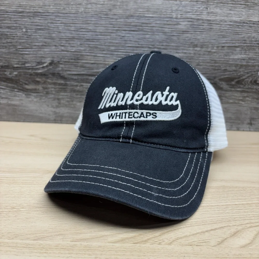 Minnesota Whitecaps Hat Cap Snap Back Mens Black White Hockey Trucker‎ Mesh